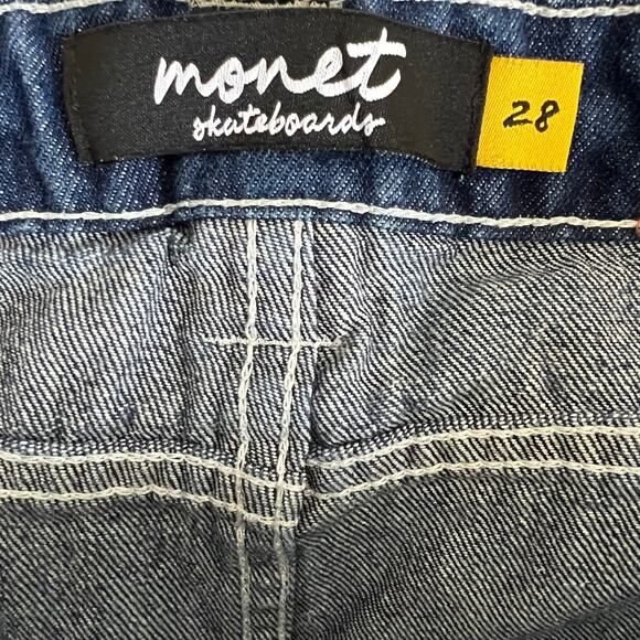 Monet Skateboards Jeans Mens 28x27 Dark Wash Patchwork Y2K Grunge Skater Retro - Picture 6 of 7